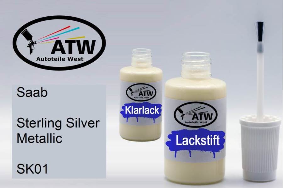 Saab, Sterling Silver Metallic, SK01: 20ml Lackstift + 20ml Klarlack - Set, von ATW Autoteile West.